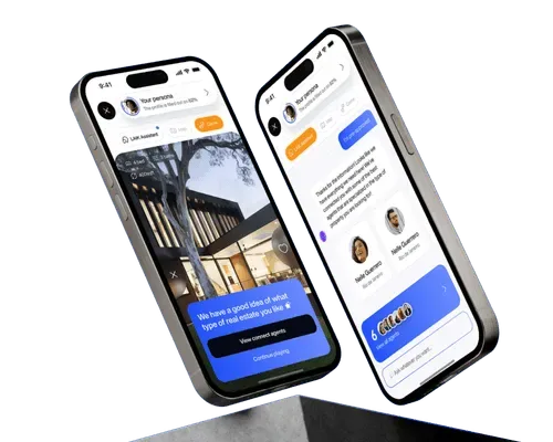 Two phones showing a real estate assistant app