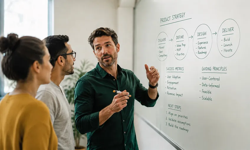 Consultant walking a team through a product strategy on a whiteboard