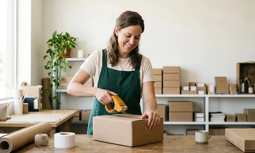 Small business owner taping up a parcel ready to ship