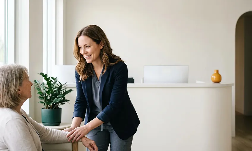 Clinic receptionist greeting an older patient at the front desk