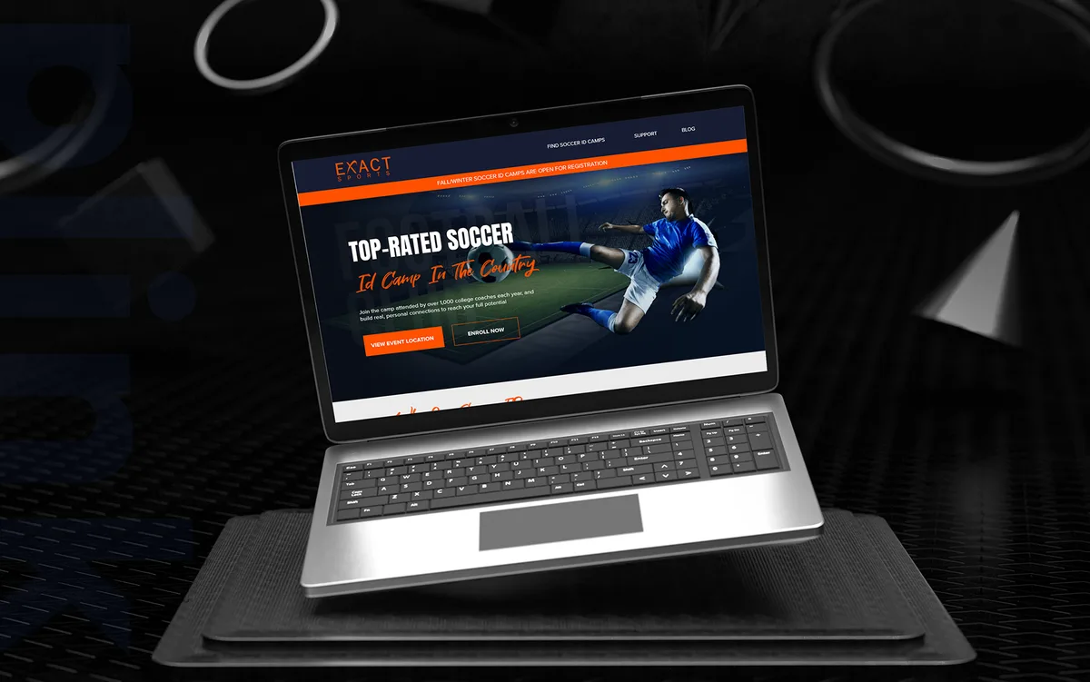 Exact Sports soccer camp website shown on a laptop