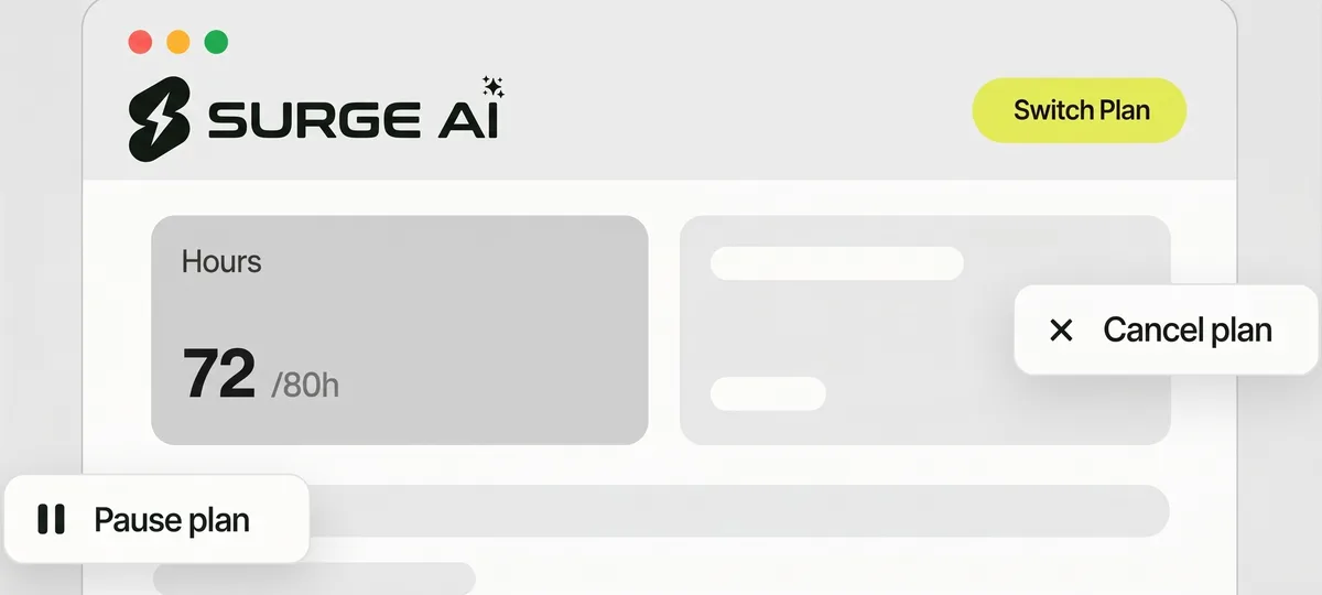 Plan dashboard showing 72 of 80 hours used, with switch, pause and cancel plan options