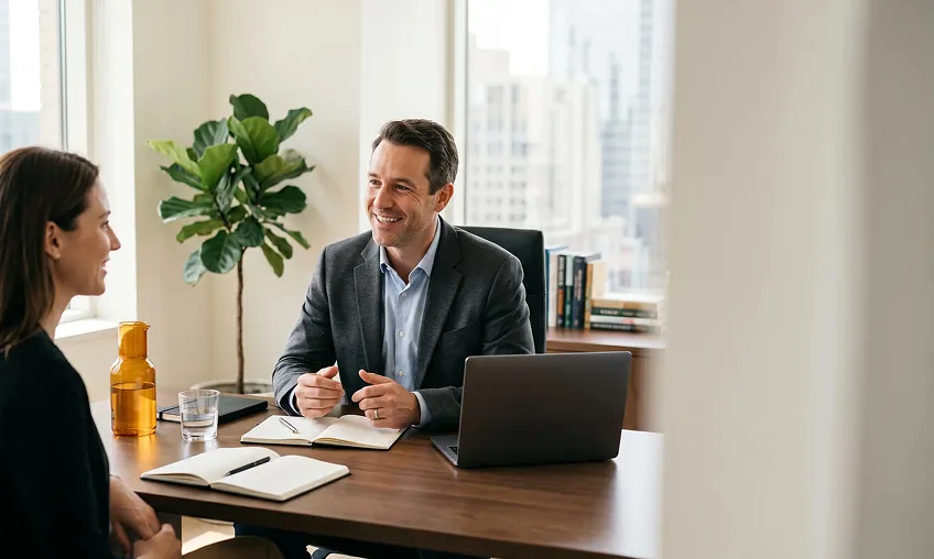 Adviser meeting a client across a desk in a bright office