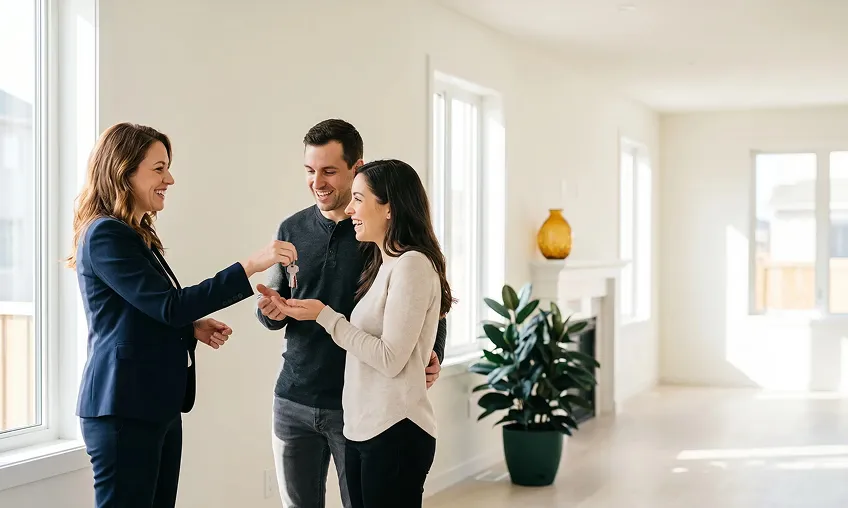 Estate agent handing house keys to a smiling couple in an empty home