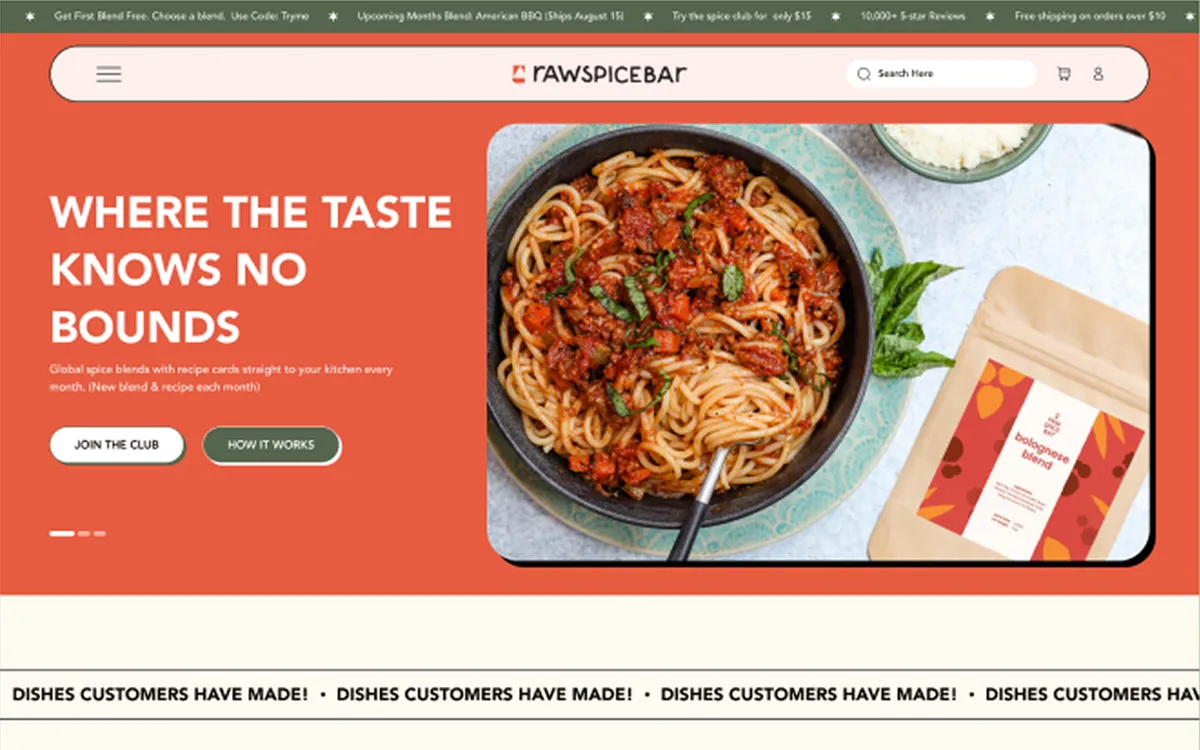 Rawspicebar website after the redesign: a bold orange hero with product photography