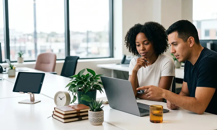 Two colleagues reviewing work on a laptop in a startup office