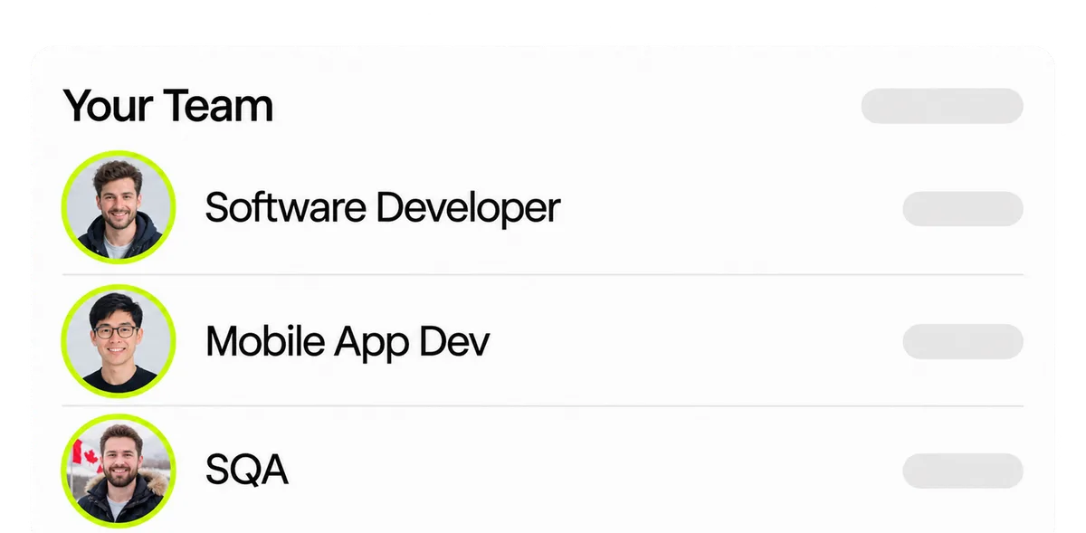 Your team panel listing a software developer, a mobile app developer and a QA engineer